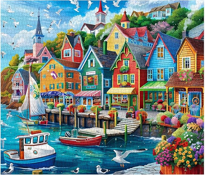 Tucocoo Jigsaw Puzzles 1000 Pieces for Adults-Colorful Seaside Town Hardboard Puzzle-Challenging Puzzle Perfect for Game Nights-DIY Home Wall Decor-Art Puzzles Colorful Coastal Town 27" x 20"