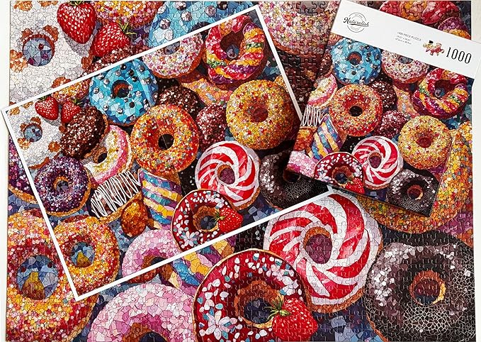 Donut Puzzles for Adults 1000 Pieces, 6 Colors on Back Jigsaw Puzzles, Pieces Fit Together Perfectly, Puzzle Size 26.6x19.2 in