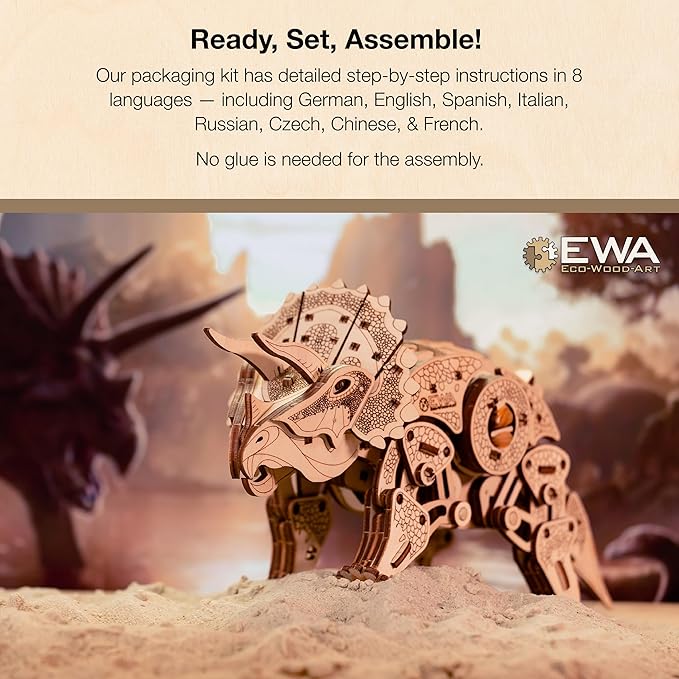 3D Wooden Puzzle - Triceratops 3D Puzzle with Wind Up Rubber Band Mechanism, Moving Legs, Head & Tail - 3D Wooden Puzzles for 15 yrs Above & Adults - Model Building Kits by Eco Wood Art, 283 Pieces