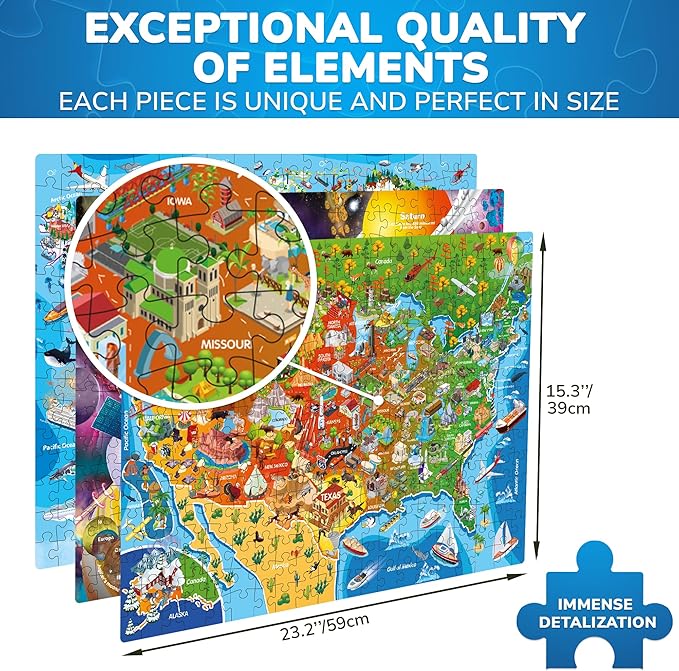 QUOKKA Puzzles for Adults 500 Pieces - 3 Set Floor Puzzles for Adults - Learning Map of The United States World Space - Educational Games - Toys for 15 Year Old Boys and Girls