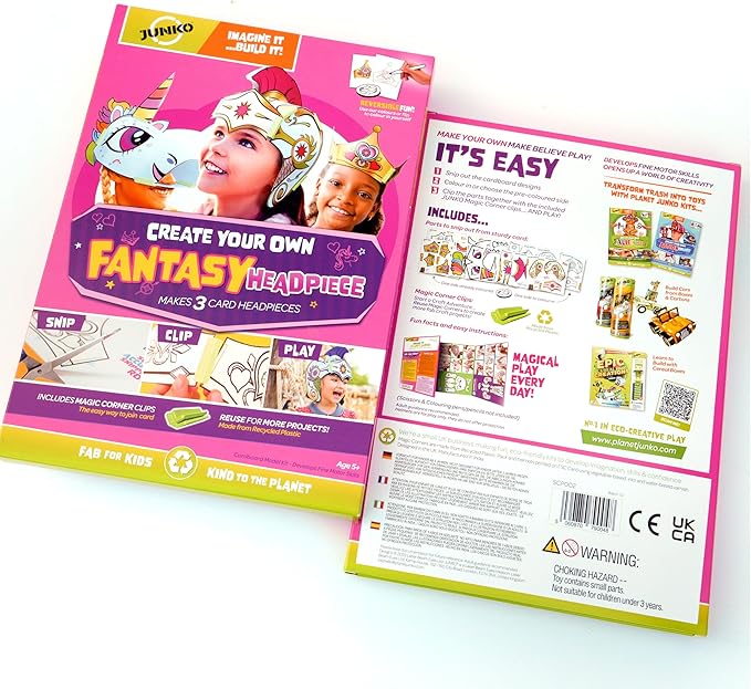 JUNKO Fantasy Headpieces Craft Kit – Build & Color Unicorn, Princess Crown & Warrior God – Ages 6–10 – Recycled, Reusable – Creative Parent-Child Activity