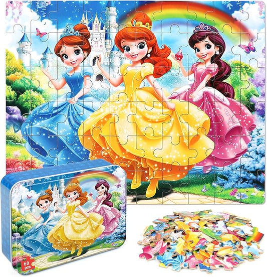 Princess Puzzles for Kids Ages 4-8, 60 Pieces Jigsaw Puzzles for Kids Ages 3-5 Puzzle for Girls and Boys Learning Educational Puzzles Toys in a Metal Box