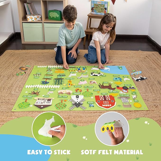 BONNYCO Felt Board for Toddlers with 92 Animal Farm Figures. Montessori and Sensory Toys, Birthday Gifts for Kids 3-8 Years Old. Educational Games, Learning Activities, Christmas
