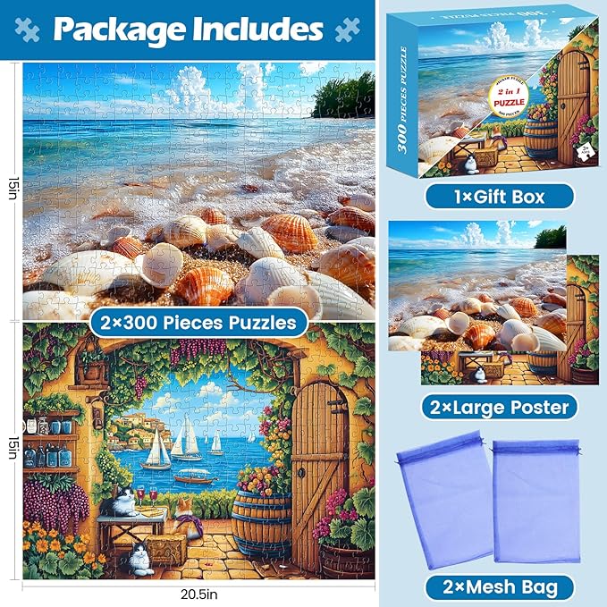 2 Pack 300 Pieces Puzzle for Adults,Beach Puzzle Vineyard Jigsaw Puzzles 300 Pieces for Adults Kids Seniors Recycled Cardboard Puzzles Challenging Game Home Decor Birthday Party Gift