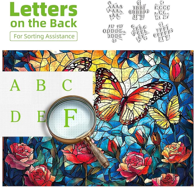 Blueforest 1000 Piece Stained Glass Butterfly Puzzle - Vibrant Mosaic Flower Garden Jigsaw Puzzle, Complex Art Therapy Puzzles for Adults, Framable Wall Decor 27.5"x19.7"