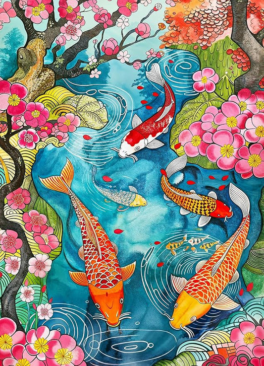 Lucky Puzzles - Coy Koi - 1000 Piece Jigsaw Puzzle for Adults | Vibrant Koi Pond Artwork | Challenging Puzzle for Adults for Puzzle Lovers