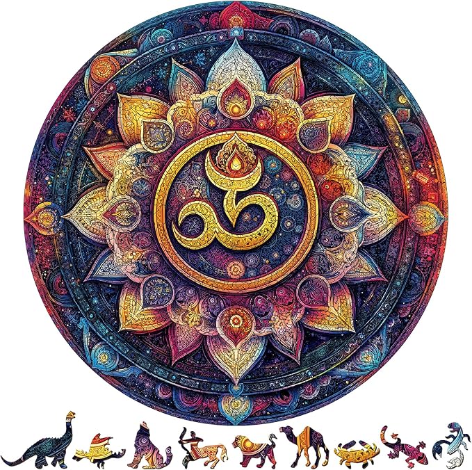 Mandala Wooden Puzzle for Adults, 454 Pieces Colorful Round Wood Jigsaw Puzzles, Scorpio Symbol Art, Unique Wood Animal Shaped Puzzle, Family Game Home Decor