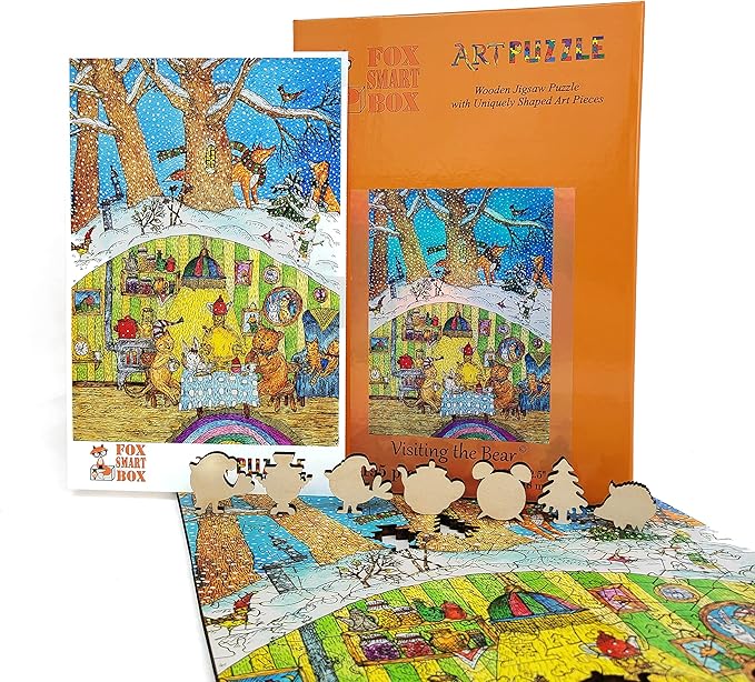 Wooden Jigsaw Puzzle for Adults - Uniquely Shaped Pieces - Made in The USA by FoxSmartBox - 195 Pieces - Visiting The Bear