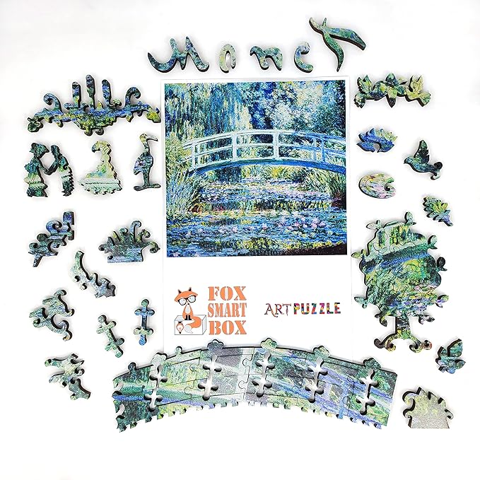 Wooden Jigsaw Puzzle for Adults - Uniquely Shaped Pieces - Made in The USA by FoxSmartBox - 210 Pieces - Water Lilies and Japanese Bridge
