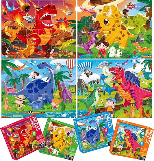 Dotimo 4-Pack Dinosaur Puzzles for Kids Ages 3-5, Progressive Learning Puzzles with Storage Box – 24/30/35/48 Piece Educational Games for Toddlers, Family Activities & Gifts