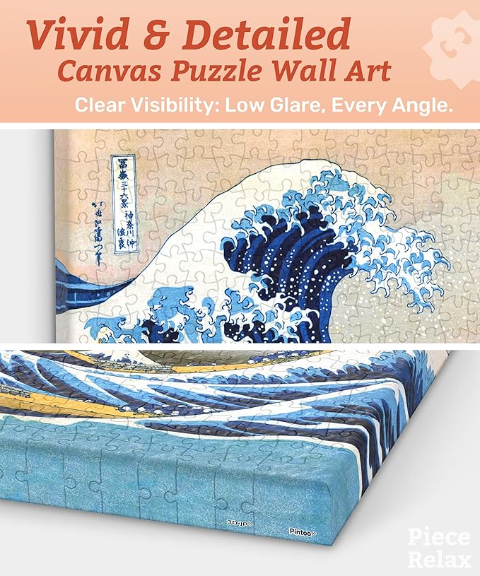 PieceRelax Puzzle Canvas Wall Art 366 Plastic Pieces for Adults - Hokusai - The Great Wave of Kanagawa - Unique Gift & Home Décor with Jigsaw Puzzle Artwork for Living Room Bedroom [HN1278]