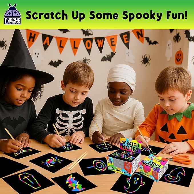 PURPLE LADYBUG 150 Rainbow Scratch Art Mini Notes - Stocking Stuffers for Kids, Arts and Crafts Supplies, Fun & Colorful Scratch Paper for Girls, Kids & Teens Gift, Classroom School Supplies