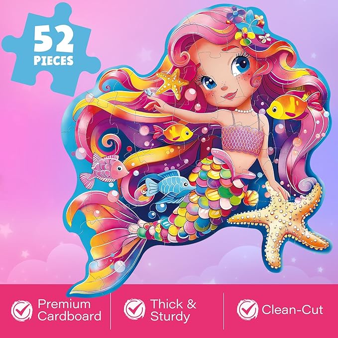 BenBen Floor Puzzles for Kids Ages 4-6, 52 Piece Mermaid Puzzle for Toddlers 3-5, Mermaid Toys Birthday Gift for Girls Boys