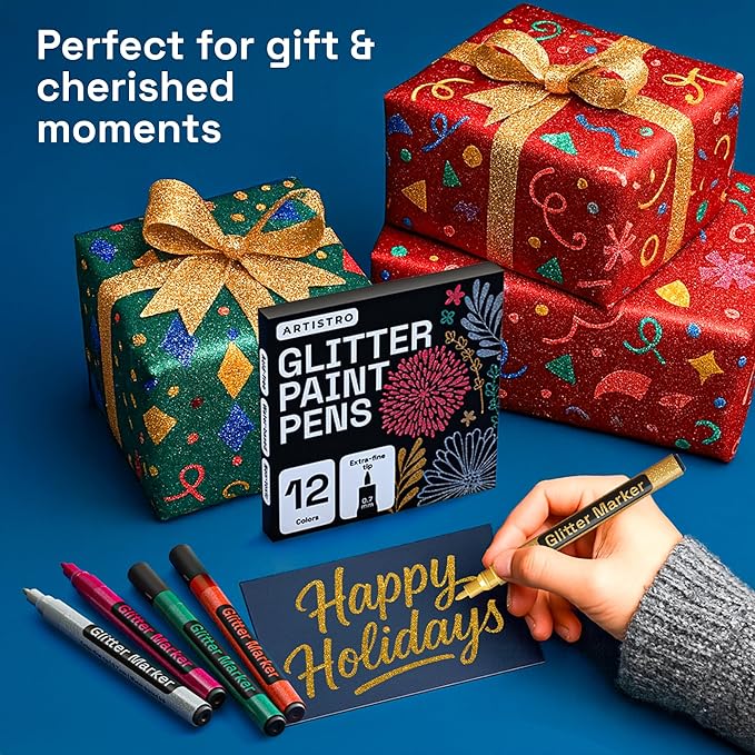 ARTISTRO 12 Glitter Paint Pens Sparkly and Shiny for Rock Painting, Stone, Ceramic, Glass, Wood, Fabric, Scrapbooking, DIY Craft Making, Coloring, Acrylic Glitter Markers Extra-Fine Tip 0.7mm