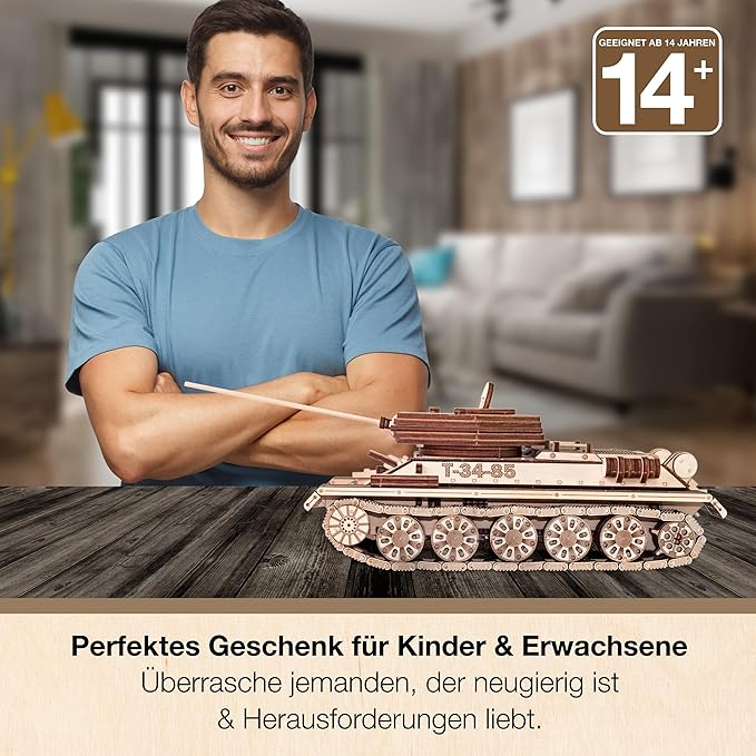 3D Wooden Puzzles for Adults - DIY T-34-85 Tank 3D Puzzle Model Kit with Rubber Band Engine, Rolling Wheels & Rotating Cannon - 3D Wooden Puzzle for 15 yrs Above & Adults - Eco Wood Art, 965 Pieces