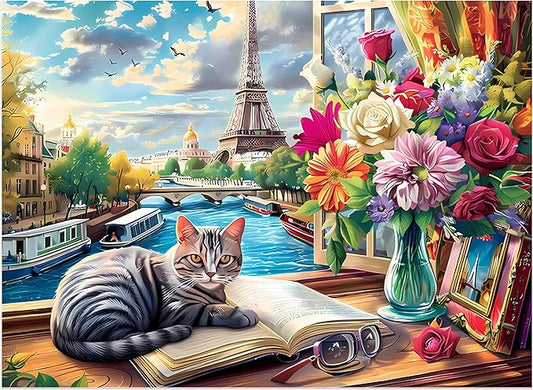 500 Pieces Puzzle for Adults Puzzle Cat Paris Puzzle for Elderly Children, Recycled Paper Jigsaw Puzzle 500 Pieces Challenging Puzzle Family Game Gift for Friends, Finished Size is 21x15 in