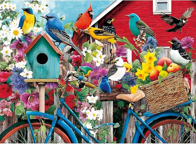 300 Piece Puzzles for Adults, Morning Garden Birds Puzzle for Adults Kids Seniors,Large Piece Backyard Fence Bike Puzzle for Kids 8-10 10-12,Spring Gathering Puzzles Perfect for Game Nights,20.5x15 in