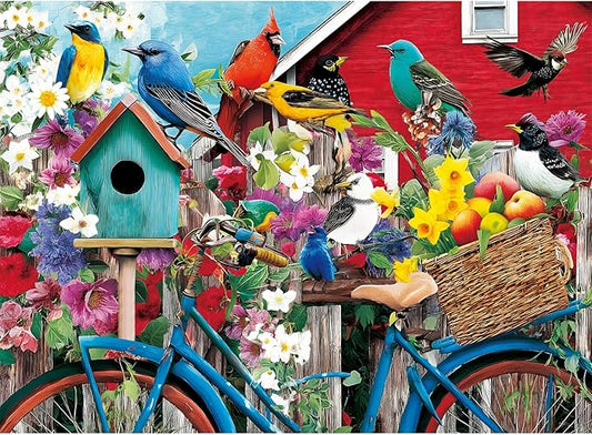 300 Piece Puzzles for Adults, Morning Garden Birds Puzzle for Adults Kids Seniors,Large Piece Backyard Fence Bike Puzzle for Kids 8-10 10-12,Spring Gathering Puzzles Perfect for Game Nights,20.5x15 in
