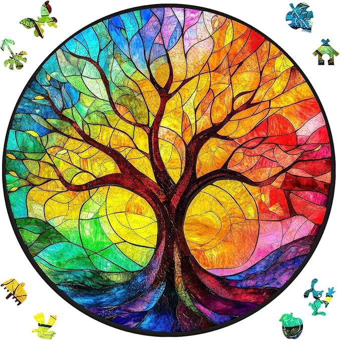 Ruikiyart Wooden Puzzles for Adults, 5MM 500 Pieces Colorful Tree Wooden Jigsaw Puzzles, Tree Puzzle Unique Shaped for Adults and Kids on Birthday, Thanksgiving, Family Puzzle Games (16.5"*16.5")