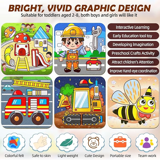 5 Sets Felt Puzzles for Toddlers 1-3,Toddlers 2-4,Felt Puzzles Educational Montessori Toys Gifts for 1 2 3 Year Old Kids Learning Toy Travel Game Gift for Boys Girls