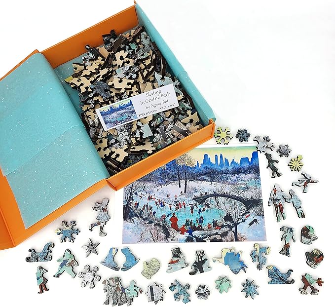 Wooden Puzzle for Adults - Uniquely Shaped Pieces - Made in The USA by FoxSmartBox - 180 Pieces - Skating in Central Park