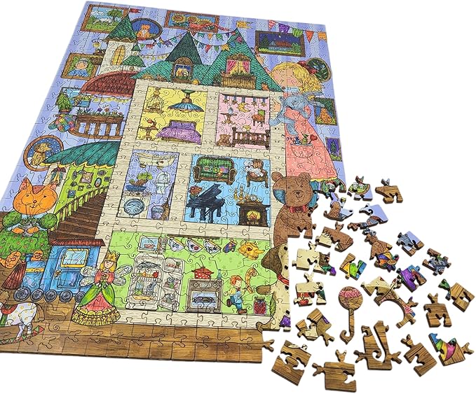 Wooden Jigsaw Puzzle for Adults - Uniquely Shaped Pieces - Made in The USA by FoxSmartBox - 440 Pieces - Amusing House