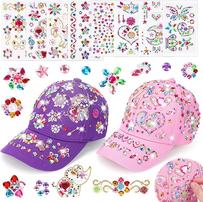 DIY Gem Baseball Cap Craft Kit: Design Your Own Hats with Unicorn Stickers, Adjustable Kids Baseball Caps, Trendy Tween Gifts Toys for Girls Age 4-12 Years Old, Birthday Christmas Art Supplies