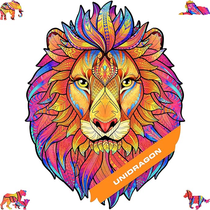 UNIDRAGON Wooden Puzzles for Adults Unique Jigsaw Puzzles - Medium Mysterious Lion Big 9.7"x12.5" 192 PCS Deko with Cut 0.03 mm Wood Accuracy Animal