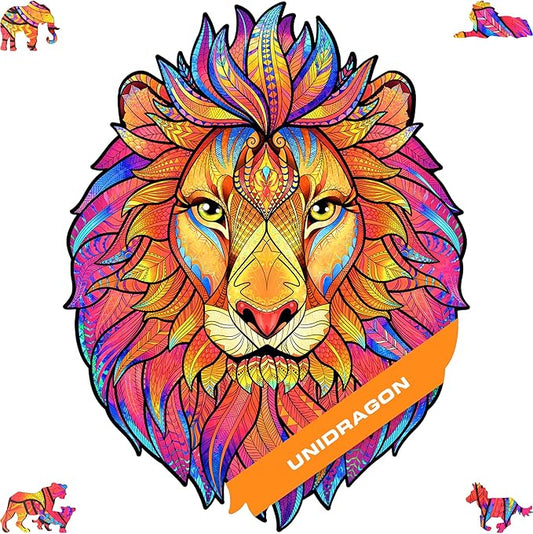 UNIDRAGON Wooden Puzzles for Adults Unique Jigsaw Puzzles - Medium Mysterious Lion Big 9.7"x12.5" 192 PCS Deko with Cut 0.03 mm Wood Accuracy Animal