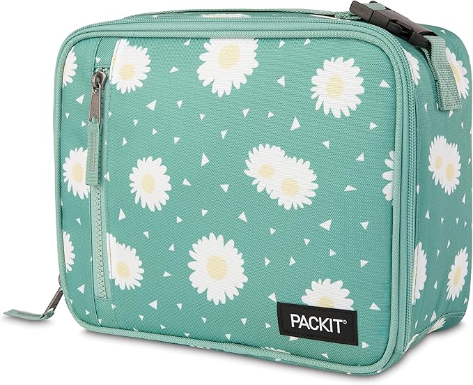 PackIt Freezable Classic Lunch Box, Daisy Sage, Built with ECOFREEZE Technology, Collapsible, Reusable, Zip Closure With Zip Front Pocket and Buckle Handle, Designed for Fresh Lunch On the Go