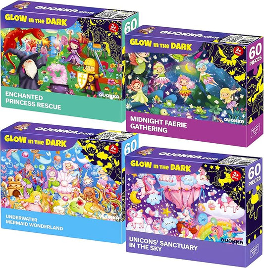 QUOKKA 4x60 Piece Puzzles for Kids Ages 4-6 – Glow-in-The-Dark Puzzles for Kids 4-8 I Unicorns, Mermaids, Fairy Tale I Fun Educational Toddler Puzzle for Boys and Girls – Educational Game Toys Gift