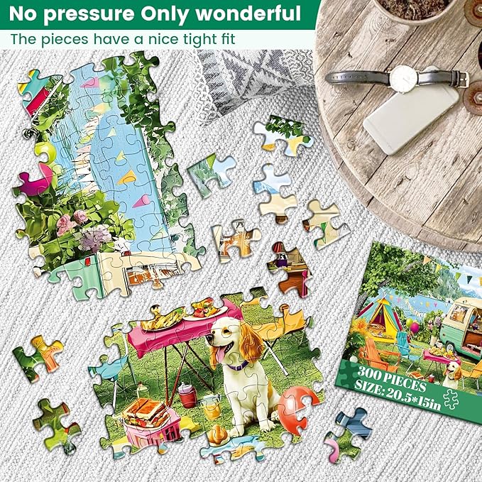 300 Piece Puzzles for Adults,Lakeside Camping Puzzle for Adults Teens,Large Piece Fun Jigsaw Puzzle for Kids Ages 8-10 10-12,Glossy & Sturdy Pieces,Challenging Family Game Great Gift Idea,20.5 x 15 in