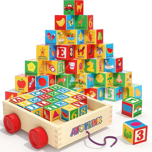 Atoylink ABC Wooden Building Blocks for Toddlers 1-3, 30 Pcs Alphabet & Number Stacking Toys with Storage Pull Toy Car Learning & Education Montessori Toys for 1 2 3 Year Old Baby Boy Girl Gifts