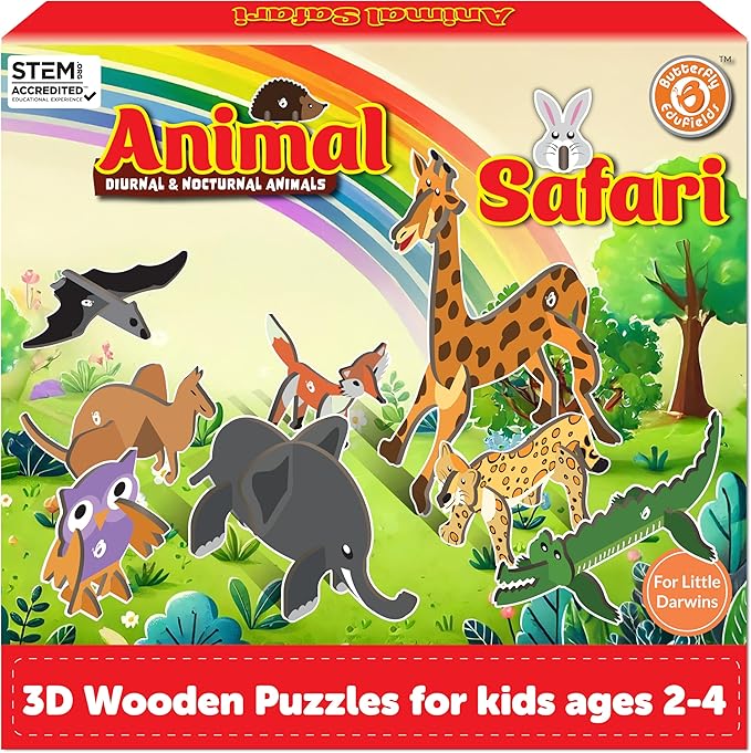 Butterfly EduFields 3D Wooden Animal Puzzles for Kids for Age 2-4 Girl & Boy | Birthday Gift for Kid Ages 2,3,4 Years | Educational Toys for Kids 2,3,4 Years | DIY Craft Kit