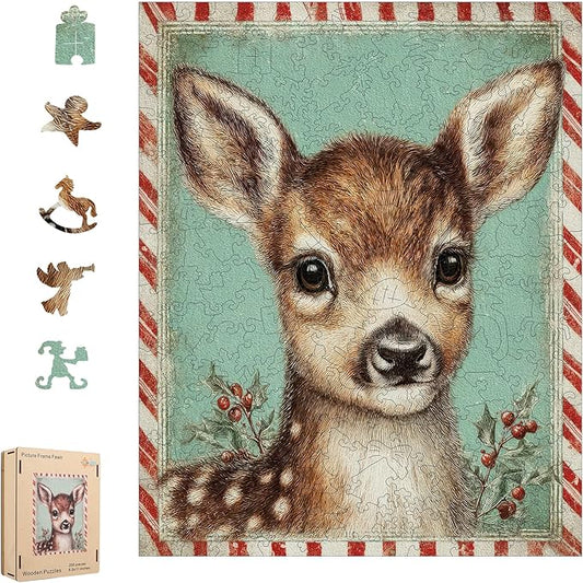 Christmas Deer Wooden Puzzles for Adults - 200 Pcs, 8.5"×11", Picture Frame Fawn Educational Holiday Puzzle with Special Shapes, Stress Relief Family Game Night & Home Decor