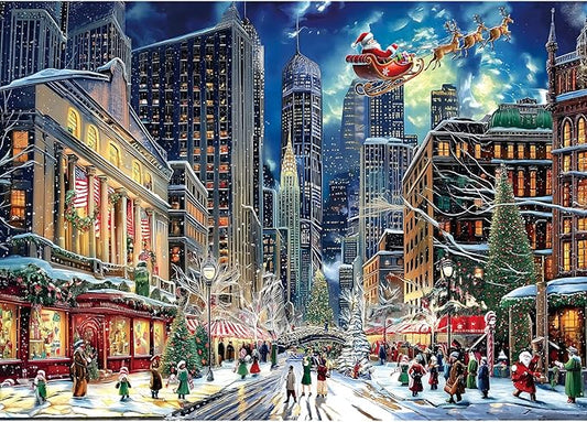Blueforest Christmas Jigsaw Puzzle 1000 Pieces for Adults - 27.5x19.7 Inches City Night Scene with Santa Sleigh, Challenging Fun Adult Puzzles Home Decor