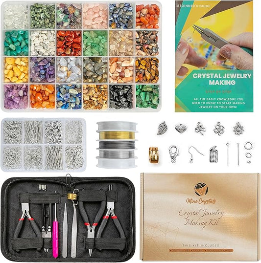 MineCrystals Jewelry Making Kit DIY Natural Crystal Chip Stones Beads Tools kit Jewelry Wires Findings Supplies Instruction Guide Gift Box for Adult Teens Craft Bracelet Earring Necklace