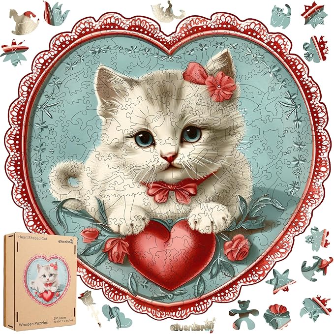 Wooden Puzzle for Adults - 3D Vision Effect Heart Cat Puzzle 200 Pcs Unique Shape Advanced Wooden Jigsaw Puzzle, Challenge Jigsaw Puzzle(11.1 x 11.2 in)