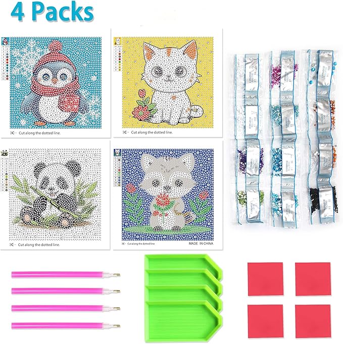 Libfx Diamond Art Kits for Kids 4 Pcs Diamond Art for Girls Boys Beginners Arts and Crafts for Kids Ages 8-12 (Penguin Panda)