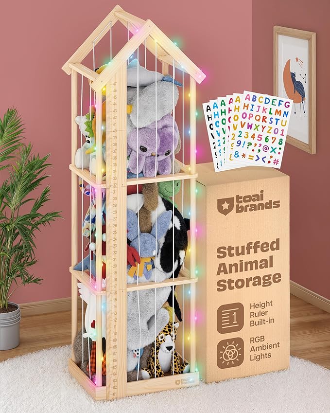 Stuffed Animal Zoo Storage Cage | Wooden Plush Tower Storage | Durable Plush Toy Stuffie Holder | Vertical Jail Organizer with Height Ruler, Stickers & RGB Light (Large)