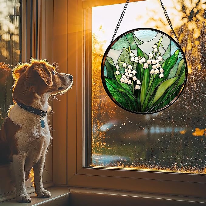 Stained Glass Window Hanging - White Green Lily of The Valley Suncatcher for Doors Garden Terrace Plant Sun Catchers Decor Mother's Day Birthday Flowers Gifts for Women Men Mom 9.8 in