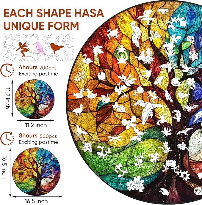 Wooden Puzzle for Adults - 3D Tree of Life Wooden Jigsaw Puzzles 200 Piece, Unique Shaped Challenging Puzzles, Exquisite Packaging, Best Gift Mother's Day Toys for Family Friends 11.2x11.2 in