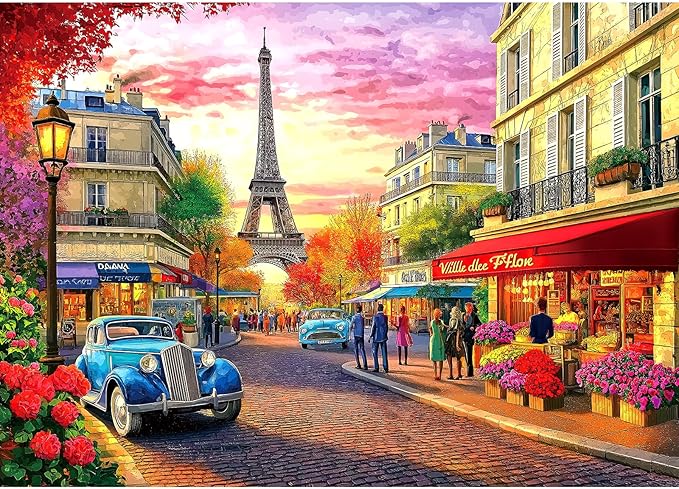 Paris Street Scene 1000 Piece Jigsaw Puzzle for Adults Eiffel Tower Cityscape with Vintage Cars Landscape Scenery Challenging Family Puzzle Perfect for Game Nights (27.5"X19.6")