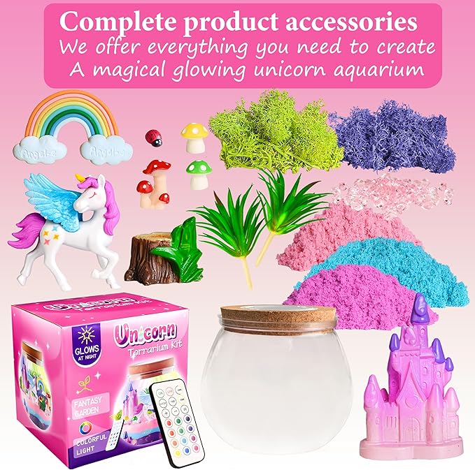 Unicorn Terrarium Kit for Girls - LED Light-Up DIY Arts and Crafts Night Light Gift for Kids Ages 4-12Night Light Birthday Gift DIY Arts and Crafts Kit for Kids