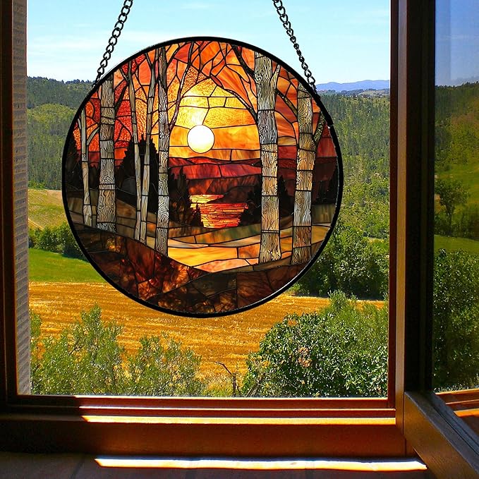 Stained Glass Window Hanging, Orange Red Landscape Forest Lake Moon Suncatcher for Doors Window Home Sun Catchers Decor Mother's Day Birthday Gifts for Women Men Mom 15 in
