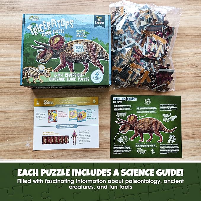 Triceratops Dinosaur Jigsaw Puzzle | 100-Piece Double Sided Floor Puzzle with Glow-in-The-Dark Skeleton On Other Side | 4 FT Scientifically Accurate Dino Illustration | Educational Toy for Kids