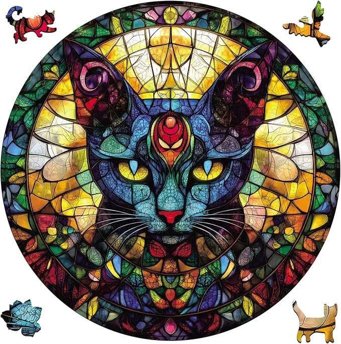 delobil Wooden Puzzles for Adults, Glass Cat Jigsaw Puzzles 500 Pieces, 16.5x16.5in, Unique Shaped Cool Reptile Animal Wood Adult Puzzle, Best Gifts for Adults and Kids Family Game