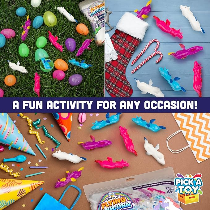 PICK A TOY Unicorn Favor Toys for Girls and Boys, 24 Pcs Rubber Finger Flicker Stretchy Slingshot for Kids, Birthday Goodie Bag, Unicorn Party Favors, Classroom Treasure Chest Treats