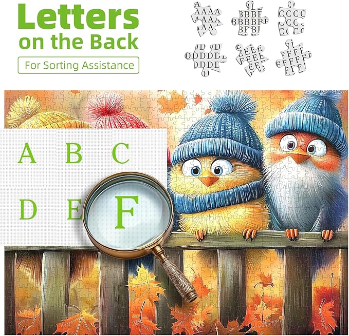 Autumn Birds 500 Piece Jigsaw Puzzle for Adults Cute Fall Nature Landscape Cartoon Baby Birds with Winter Hats Family Challenging Puzzle with Letters on Back Perfect for Game Night (23"X15")