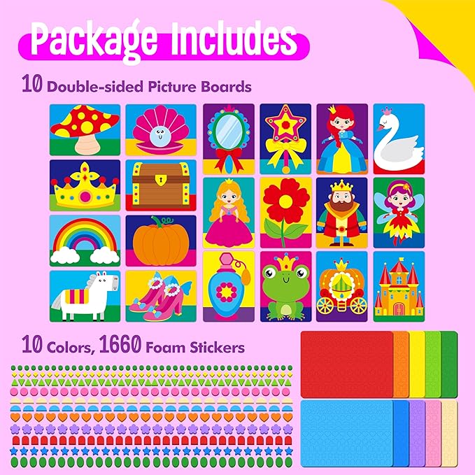 Foam Sticker Art Activity, 10 Princess & Castle Art Board with 1660 Foam Stickers in 10 Colors, Funny DIY Activity Creative Craft Kits Travel Game for Kids, Boys & Girls